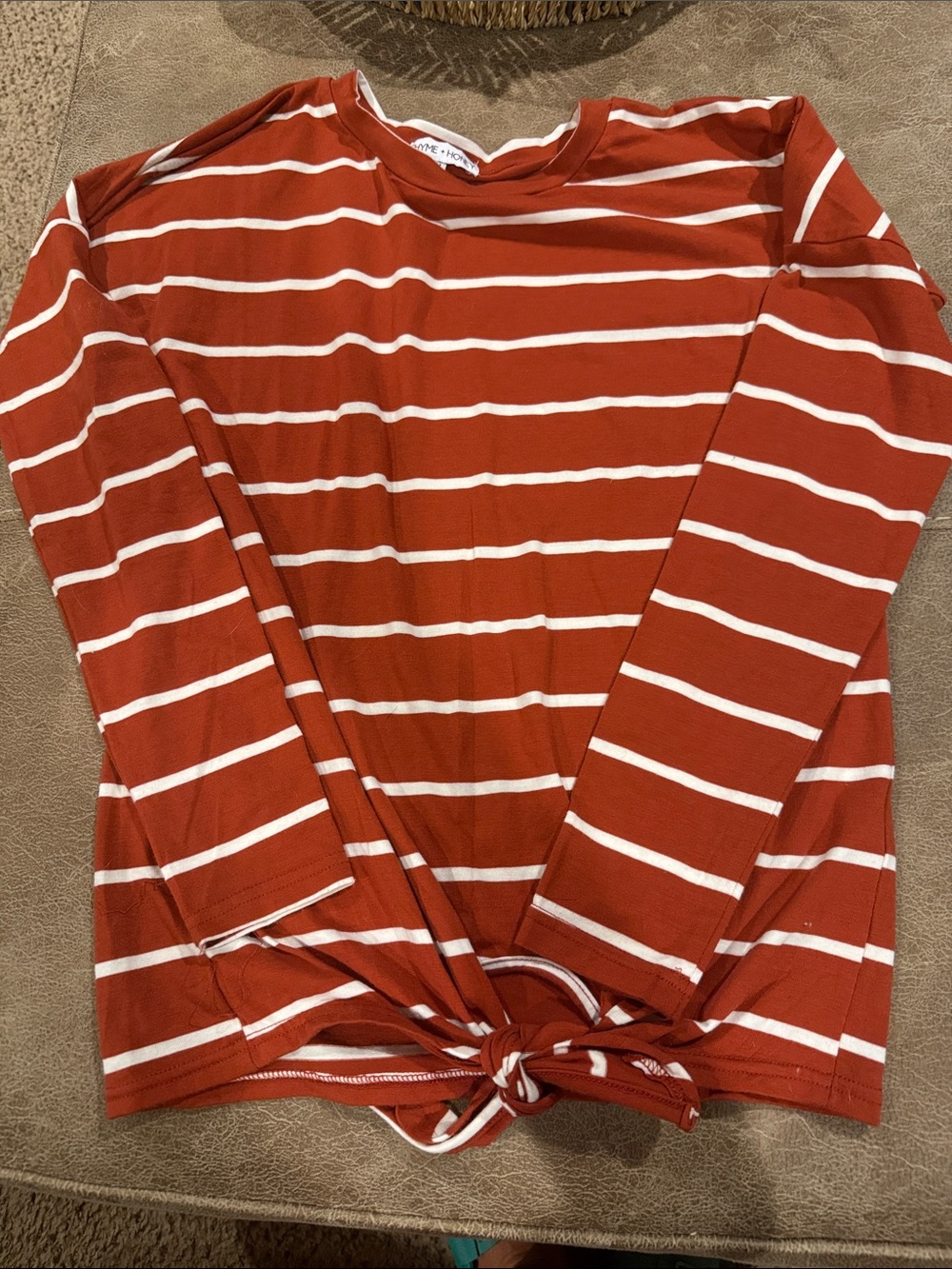 Rust Striped Long-Sleeve Tie-Front Top